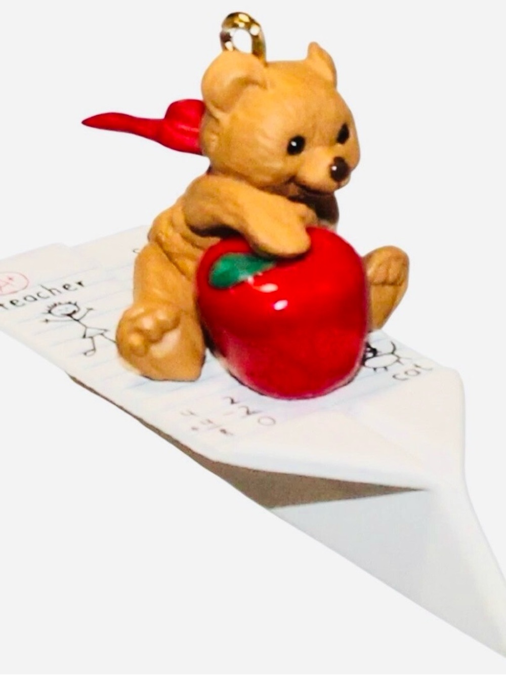 1997 Expressly for teacher Bear Hallmark Tan Bear with Red Apple Ornament